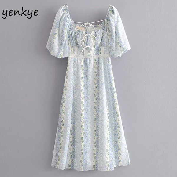 

sweet floral print women dress lantern sleeve square neck elegant summer dress model female slits a-line midi lady dresses, Black;gray