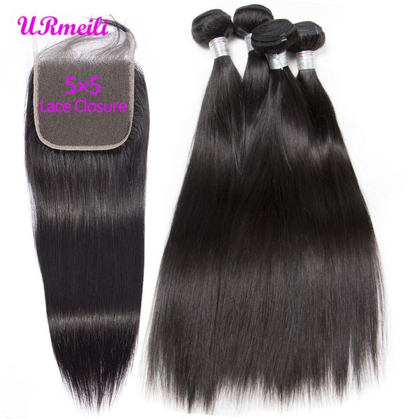 

straight hair bundles with 5x5 lace closure brazilian virgin hair weave 3/4 bundles with closure natural black remy hair extension, Black;brown