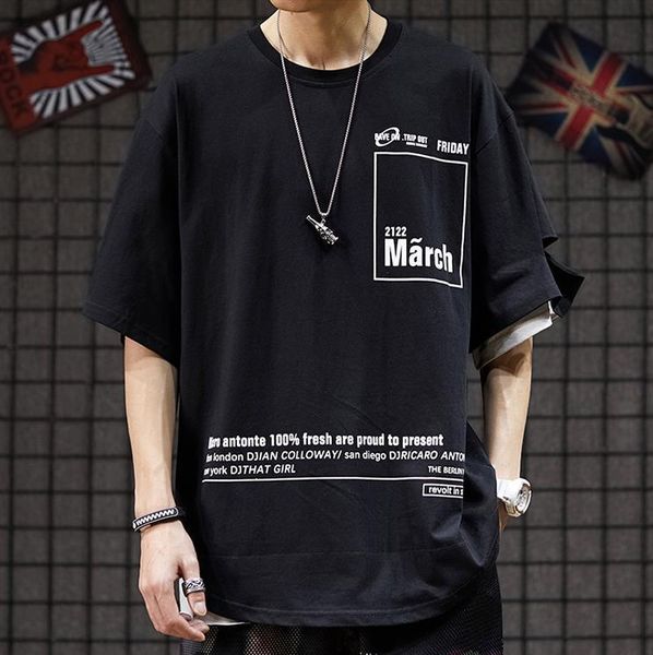 

high tide brand in europe and america loose hiphop street fashion trends hip-hop half sleeve fake two t-shirt men, White;black