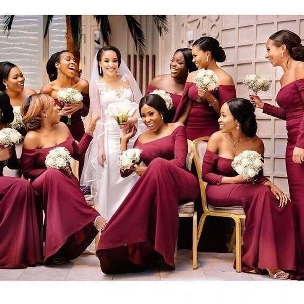 

2018 Latest Burgundy Bridesmaid Dresses Off The Shoulder Long Sleeve Mermaid Sweep Train Formal Wedding Party Dresses Maid of Honor