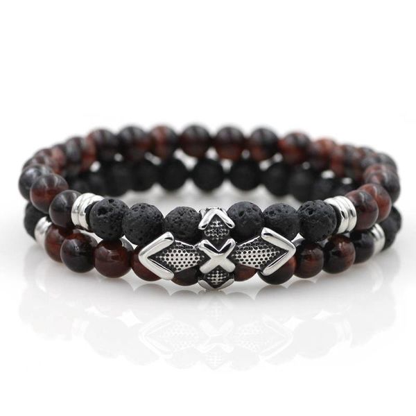 

natural stone double line red tiger eye bead bracelet stainless steel cross charms bracelet jewelry for men women, Black