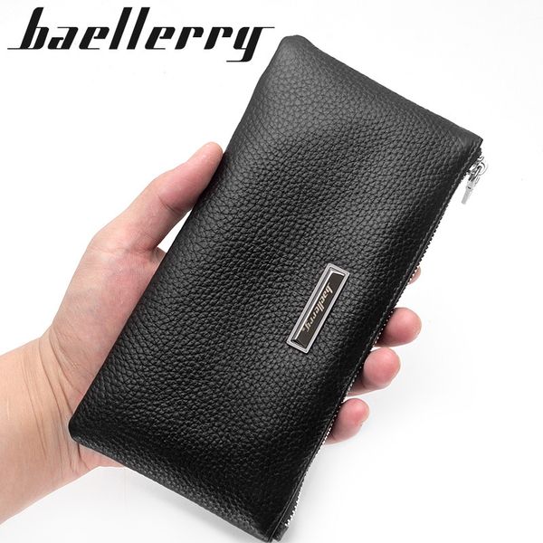 

baellerry genuine leather men wallets business long men wallet cowhide good quality solid black long wallets with zipper, Red;black