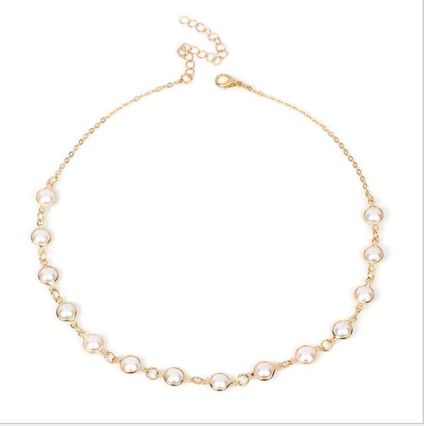 

european and american fashion personality accessories creative women's pearl metal necklace temperament short metal chain neck chain ch, Silver