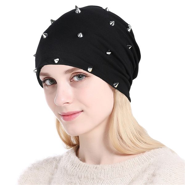 

winter hats for women soild color rivet stretch turban knitted hat beanie head scarf outdoors headwear gorros mujer invierno, Blue;gray