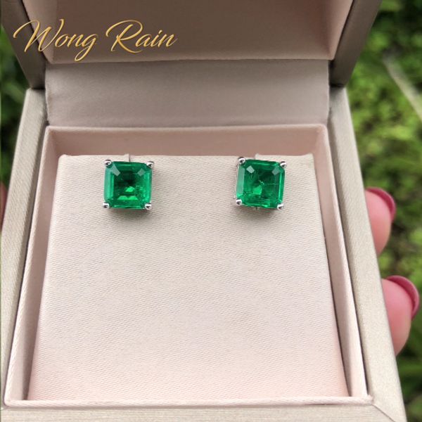 

wong rain vintage 100% 925 sterling silver emerald cut emerald gemstone earrings white gold ear studs fine jewelry wholesale cj191223, Golden;silver