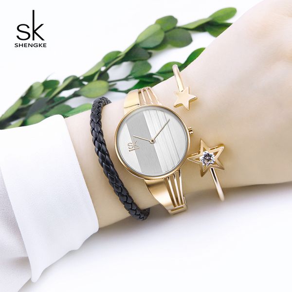 

shengke творческий кварцевые часы set luxury gold женщины браслет часы часы mujer 2019 sk дамы наручные часы с браслеты подарки ly191226, Slivery;brown