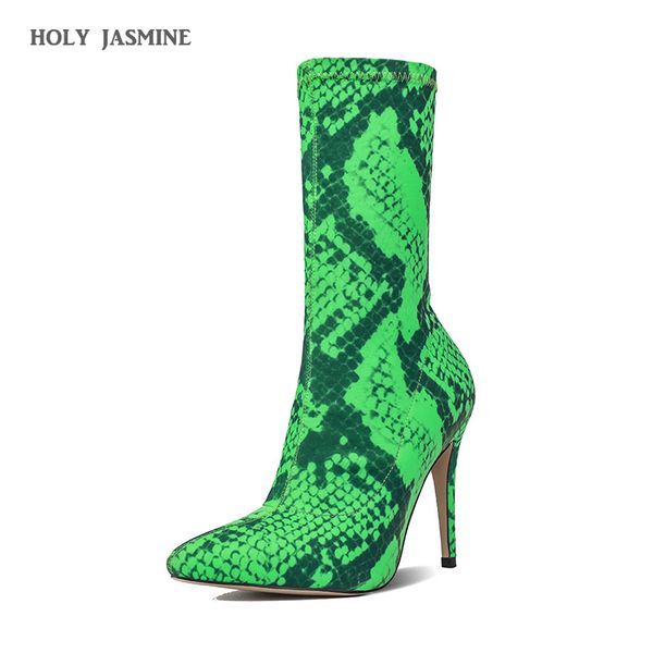 

2019 floral stiletto sock women booties stretch boots women celeb high heels ankle boots fashion botas mujer shoes, Black
