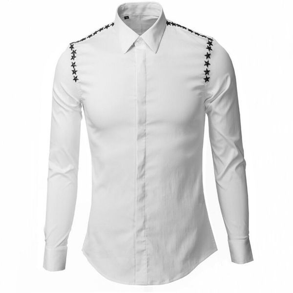 

personality rivet star men shirts slim body classic non ironing shirt casual breathable clothing fashion basic shirts -3xl, White;black