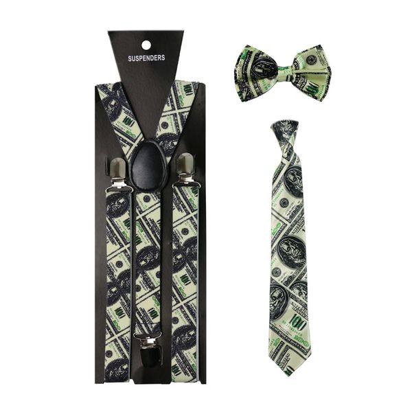 

1inch wide dollar pattern print suspenders necktie and bowtie set clip-on elastic y-shape back braces suspenders for women men, Black;white