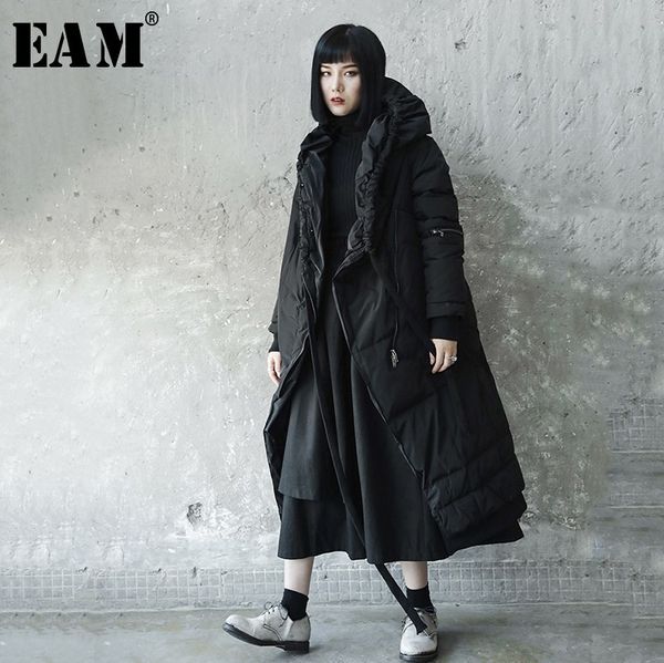 

eam] 2019 new spring winter hooded long sleeve black irregular drawstring cotton-padded coat women parkas fashion tide jl293