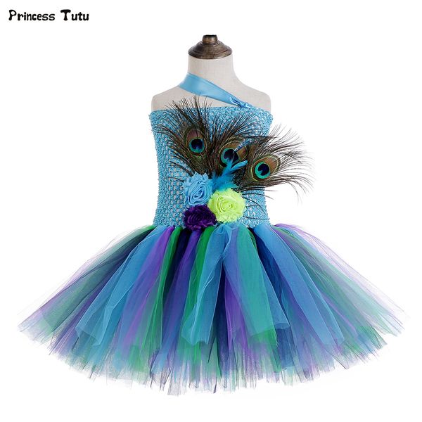 

princess girls peacock tutu dress tulle feathers flower girl birthday party dress children kids halloween costumes girls clothes, Red;yellow