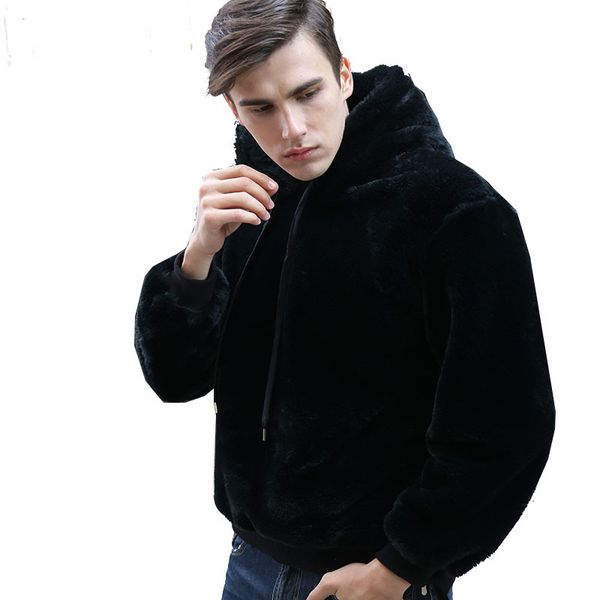 

fashion faux fur fleece fluffy hoodie men casual black plush hooded sweatshirts winter long sleeve hoodies warm thicken coats