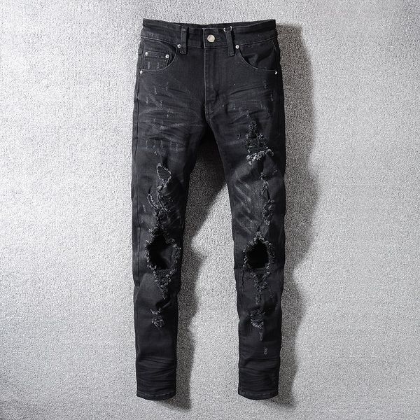 

luxury mens designer jeans college style biker leisure fit slim mens pants casual solid classic straight denim designer jeans size 29-40, Blue