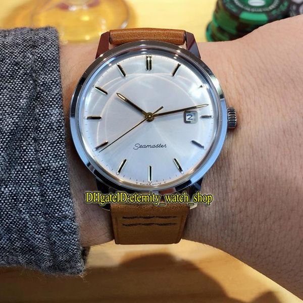 

classics of the 1960s vintage 30 white date dial japan miyota automatic mens watch silver case brown leather band gents watches, Slivery;brown