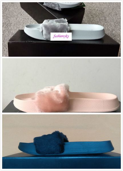 

brand new 2016 rihanna fenty leadcat fur slides pink black white slide sandal womens slippers retail mens slipper men size 44