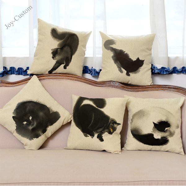 

ink and wash style black and white cat design pillow case household office sofa chair decorative cushion cover