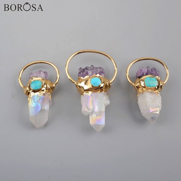 

borosa 3pcs gild titanium ab druzy crystal quartz point with amethysts chips & round turquoises charm pendants necklace g1806, Silver