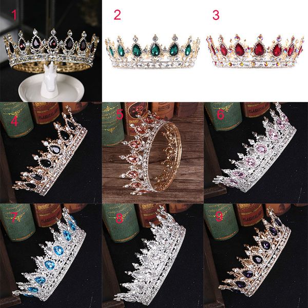 

forseven royal king and queen princess tiara crown bride bridal wedding hair jewelry blue red gold crystal round diadema, Golden;white