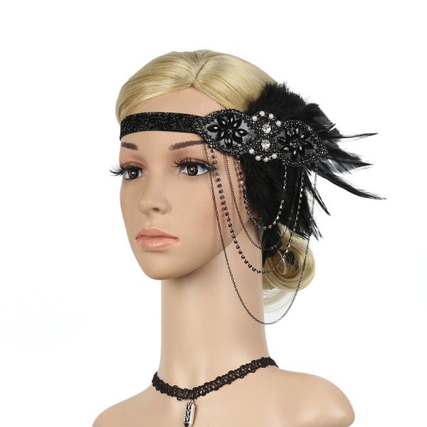 1920s Flapper Headband Black Feather Luxury Great Gatsby Headpiece Fancy Dress u
