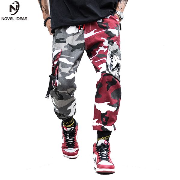 

two-tone camouflage pants cargo pants men skateboard bib overall camo combat camouflage style straight trousers us size, Black