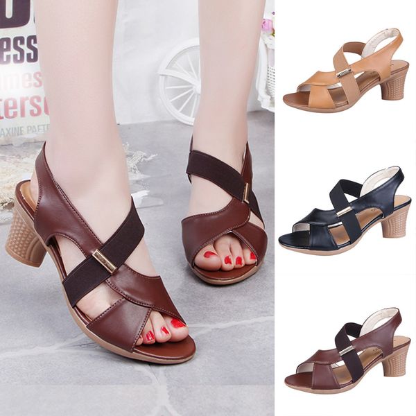 

roman style strappy round heel summer sandals womenbrown hollow out fresh shoes fashin high hell single shoes casual sandal, Black