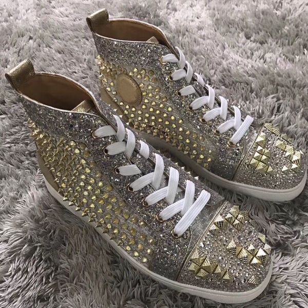 

golden шпилек мужская flat high-топ шипы red bottom кроссовки мужчины, женщины скейтборд шнуровка red sole модельера trainer, Black