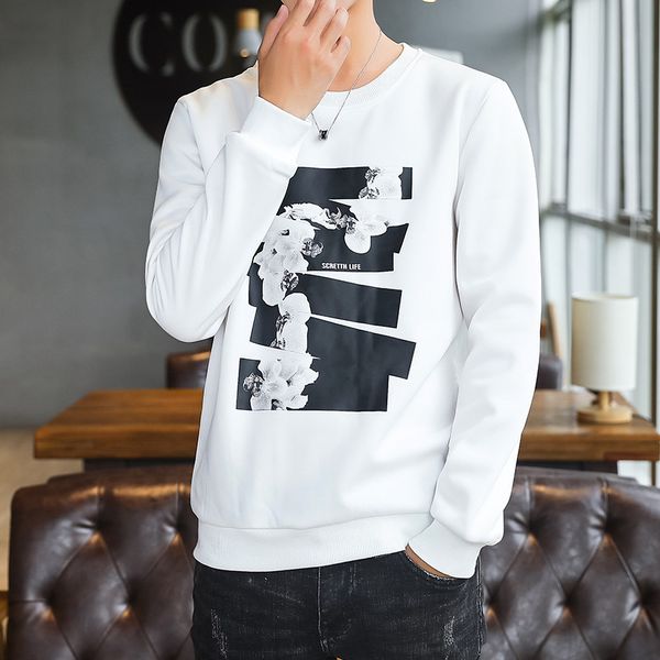 

fashion style sweatshirt men casual streetwear pattern printed sweatshirt pullover men side buckle ribbon mens casual streetwear, Black