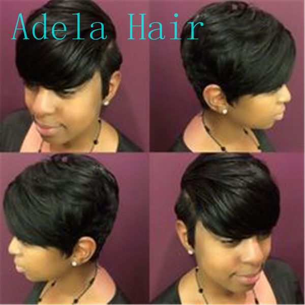 

human hair wigs with bang short bob none lace front wig for black women brazilian straight pixie cut machine wig, Black;brown