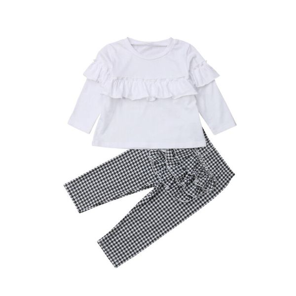 

1-4y toddler kids baby girl white ruffle plaid pants leggings 2pcs outfits baby clothes, Pink;blue