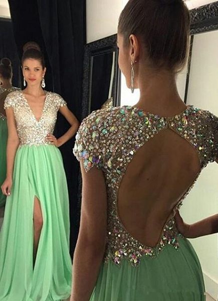 

2019 new stunning split evening dresses deep v neck cap sleeve crystal backless sweep train green modest red carpet prom party pageant gowns, Black;red
