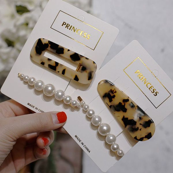 

2 pcs/set korea imitation pearl hair clips acetic acid leopard hairpin geometric rectangle waterdrop hair clips