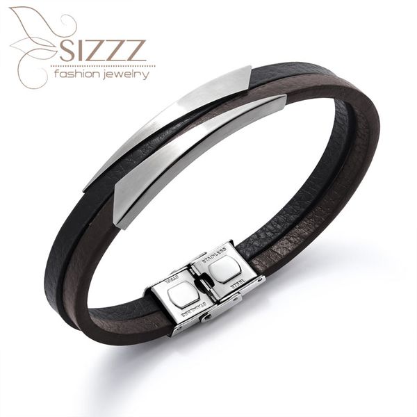 

sizzz 2019 tide brand retro business men's double titanium steel leather bracelet&bangles, Golden;silver