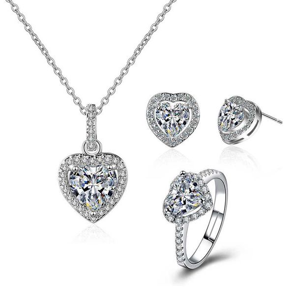 

3 in 1 exquisite 5a heart shaped zirconia pendants necklaces stud earrings ring luxury silver wedding jewelry sets for women