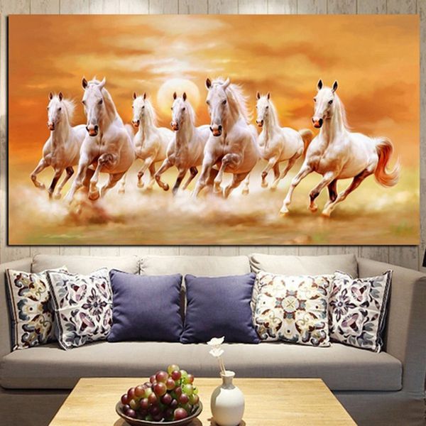 

seven running white horse animals painting wall art for living room home decor (no frame