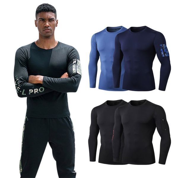 

sports fitness t-shirt t shirt men long sleeve tights high-elastic quick-drying breathable bottoming round collar, Black;blue
