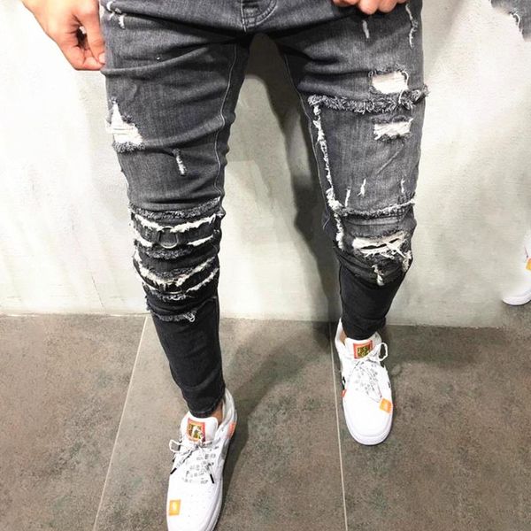 

men's jeans men women elastic waist broken hole shredded slim pencil pants, Blue