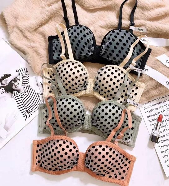 

hipster cute gauze polka dot non-steel ring comfortable push up girl's underwear light comfortable bra set simple natural, Red;black