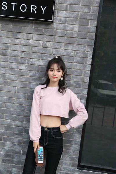 

европейский и американский стиль весной и осенью женский случайный дикий шею с длинным рукавом короткий параграф обнаженной пупка свитер жен, Black