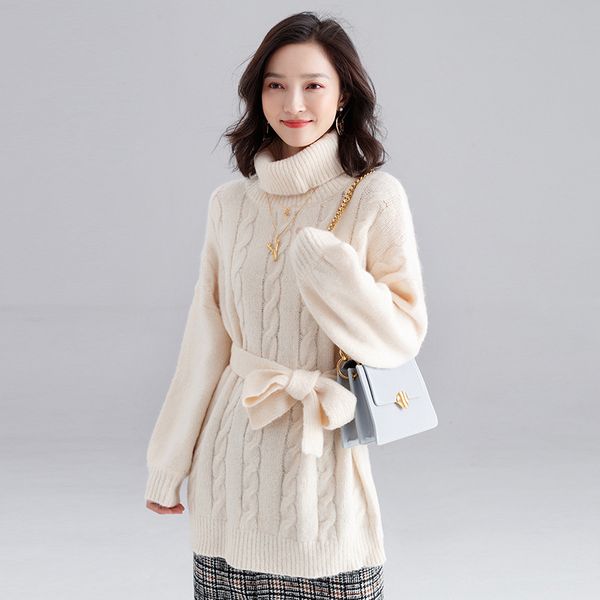 

long knitted pullovers women sweaters 2019 winter turtleneck solid fashion warm pullover pull femme knit outwear with belt, White;black