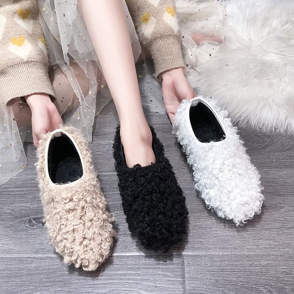 

round toe korean shoes loafers fur autumn casual female sneakers soft 2019 fall boat new winter basic leisure cotton fabric, Black