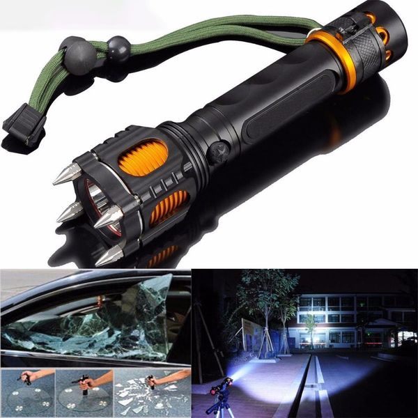 

dhl 2000lumens zoom tactical flashlight t6 led rechargeable torch lamp self defense tool powerful lantern with hammer alarm for camping