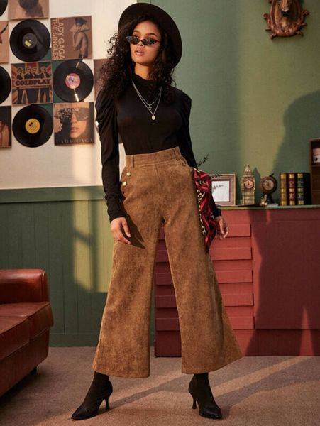 

women brown pocket work loose wide leg elastic high waist trousers ladies plain loose baggy casual pants, Black;white