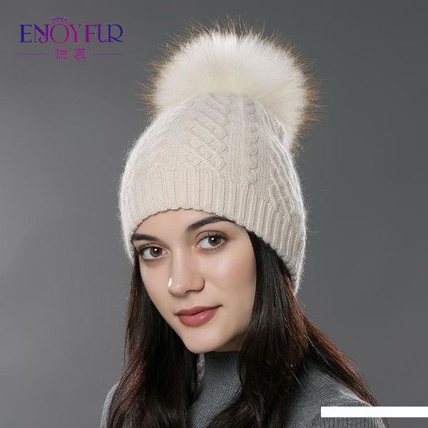 

enjoyfur зимний мех помпон шляпа для женщин шерсти кашемира хлопка шляпа большой реальный мех енота помпонное шапочки довершение промашка, Blue;gray