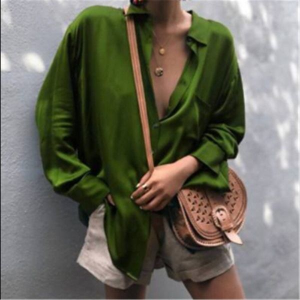 

hirigin women deep v-neck satin blouse loose long sleeve office ladies shirt casual solid silk female spring shirt, White