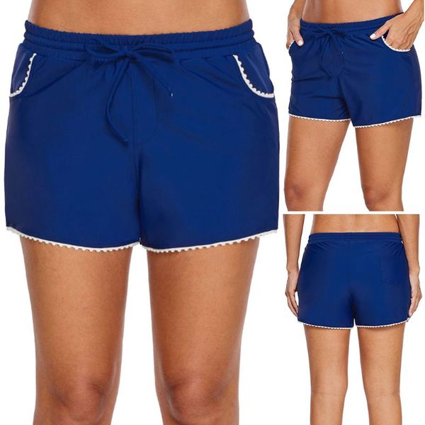 

women summer plus size stretch board shorts white lace trim hem tankini bottoms drawstring waistband solid swim boyshorts with p