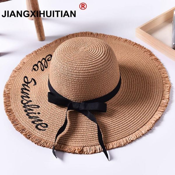 

handmade weave letter sun hats for women black ribbon lace up large brim straw hat girls beach summer caps chapeu feminino, Blue;gray