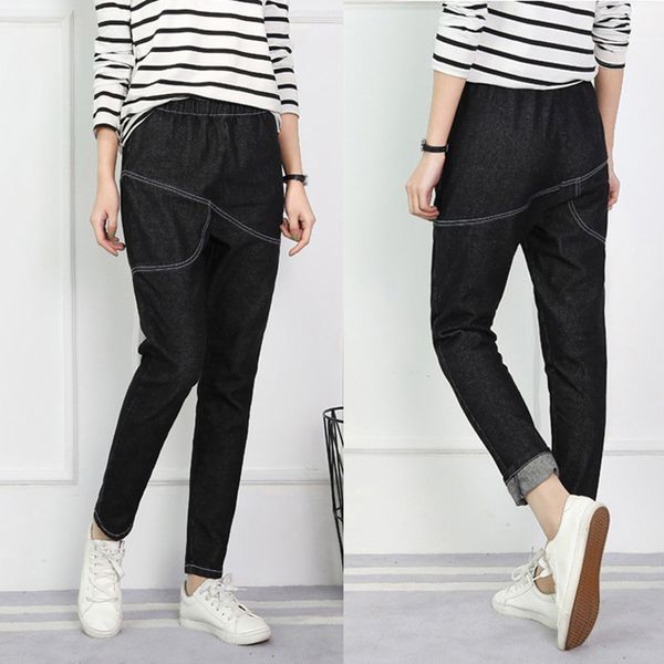 

vintage loose 6xl pants loose women high waist jeans denim stretch waist jeans harem women plus size, Blue