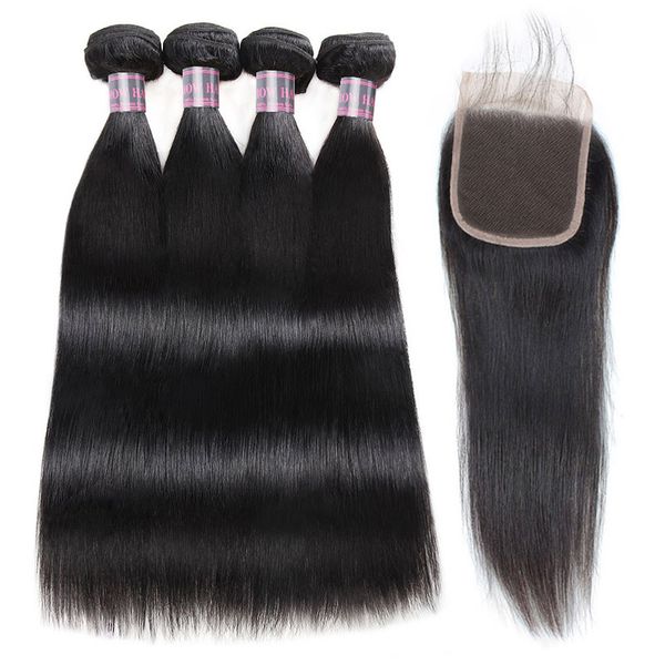 Ishow Extension Lisci Tesse 4 Bundle e Chiusura in Pizzo 4x4 Fasci di Capelli Umani Vergini con Chiusura per Donne Ragazze Jet Black Tutte le età 8-28 pollici