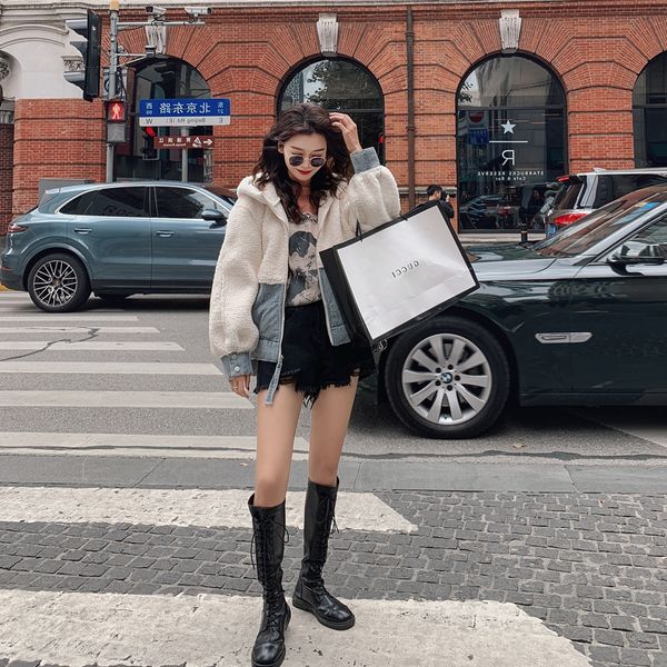 

оптовая женская мода ягненка волос джинсовой шить пальто, Black