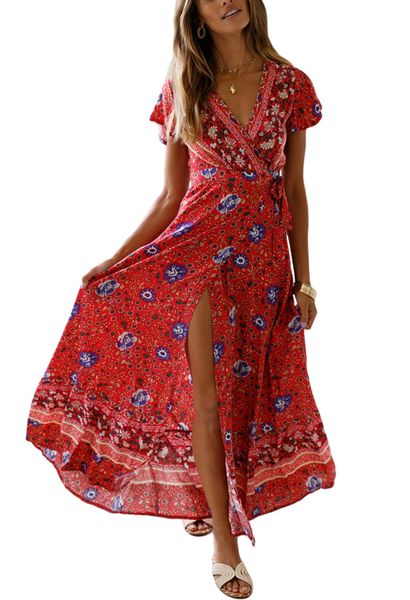 

women bohemian long party dress v-neck short sleeve wrapped lacing front split ankle-length floral printed summer beach dress beachwear, Black;gray